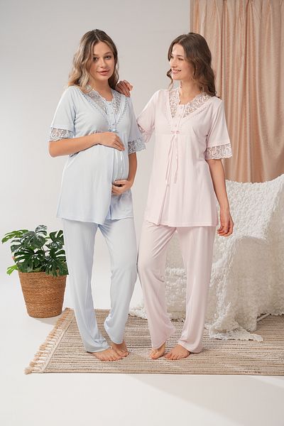 Lohussa Set de pijamale pentru femei, albastru, jacquard, dantela, design special, din bumbac, pentru maternitate