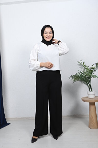 Butik Beli Lastikli Bol Paça Likralı Tesettüre Uygun Pantolon   (MANKEN BOY :...