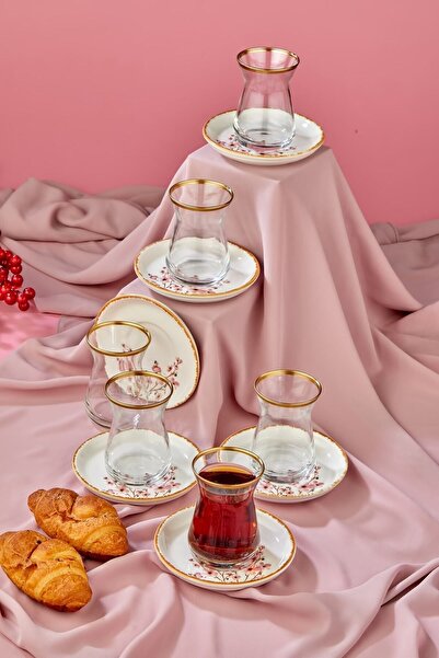 Babion Bahar Esintisi Sakura Desenli Seramik 12 Parça Gold Çay Bardağı Seti, Çay Takımı