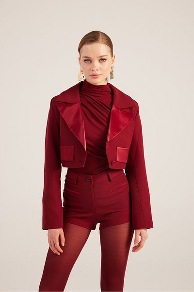 HOLLY LOLLY Burgundy Camila Crop Blazer - Neck with Satin Detail