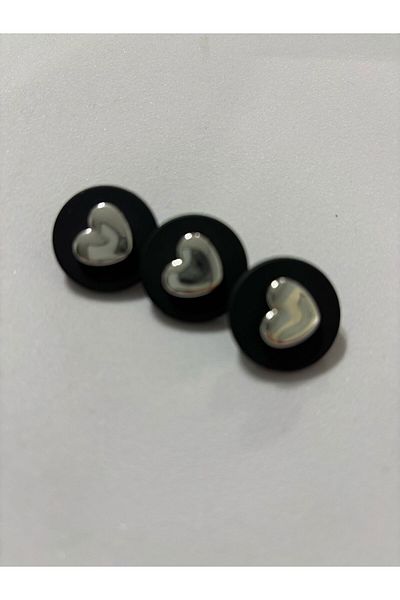 BEİLYS COSMETİCS & ACCESSORY Black with Silver Heart Button 3 Pcs Special Design Button 2.3cm(Bd11)