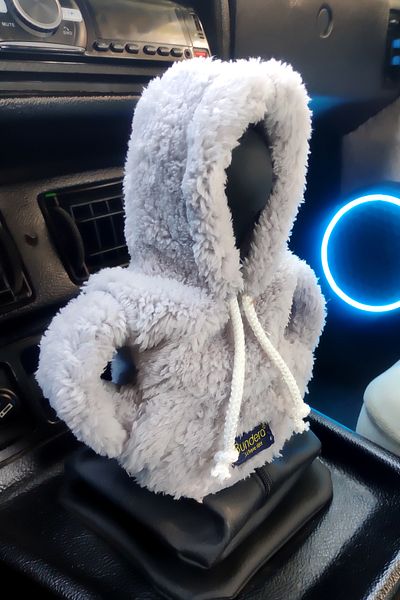 Bundeba Gray Plush Hoodie Covered Gear Ornament and Car Gear Knob Accessory