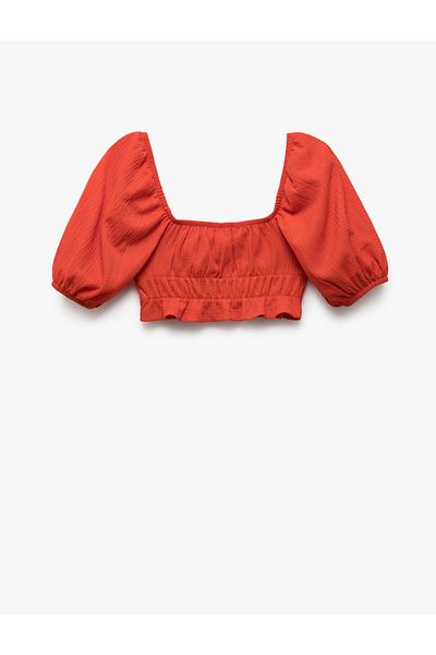 Koton Square Neck Gipe Detailed Balloon Sleeve Crop Blouse