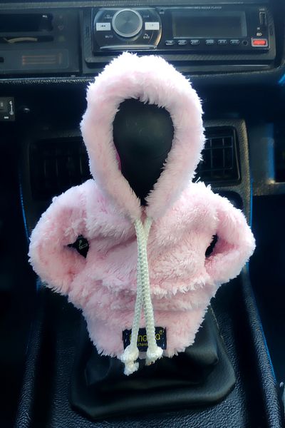 Bundeba Pink Plush Hoodie Gear Shift Knob with Door Polish Automotive Accessory