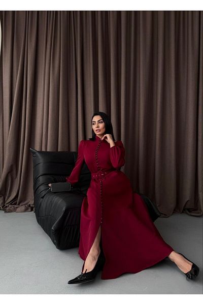 WellWay Atlas Fabric Judge Collar Button Detailed Plain Claret Red Dress (Belt Included)-2511