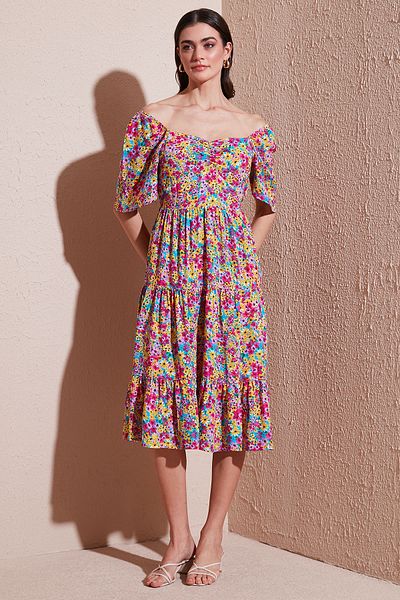 Lela Patterned Oversize Fit Carmen Collar Shirring Detailed Midi Length Dress Dress 67810557