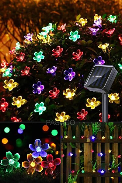PASACO 30 Papatya Çiçek Güneş Enerjili Solar Led Işık 7 Metre Dekoratif Rgb Yılbaşı Bahçe Balkon Ve Teras