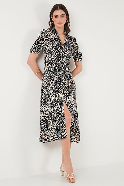 Lela Patterned Relaxed Fit Midi Length Dress Belted Balloon Sleeve, Slit Dress 67810558
