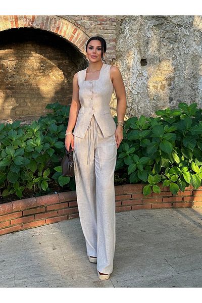 pembekurdelem Women's Linen Vest - Trousers Suit Stone (Ruh-Haik)
