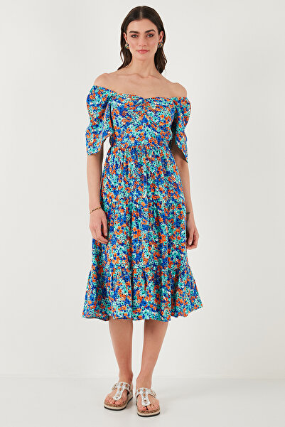 Lela Φόρεμα με μοτίβο Oversize Fit Carmen Collar Gather Λεπτομερές φόρεμα μεσαίου μήκους 67810557