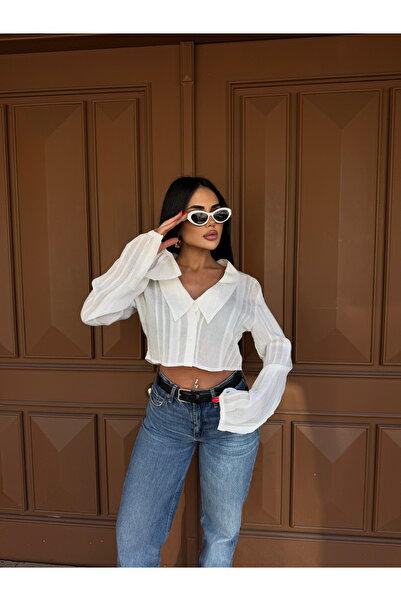 LB Laluna Butik Women's Collar Detailed Sleeve Pleated Crop Shirt Blouse