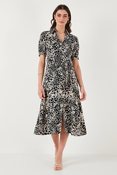 Lela Patterned Relaxed Fit Midi Length Dress Belted Balloon Sleeve, Slit Dress 67810558