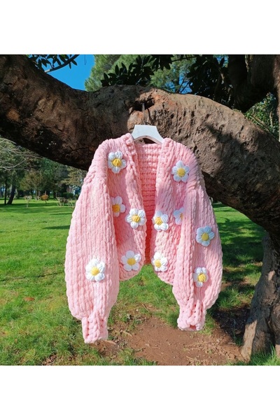 ThreadArtByNur El Yapımı Çok Renkli Puffy Polar Chunky Patchwork  Papatyalı Kadın Hırka, Ceket