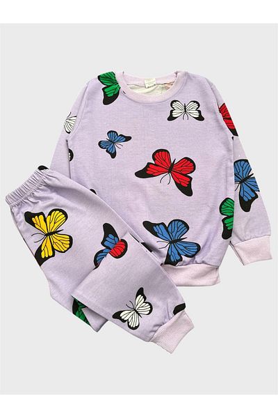 ALİŞ KİDS Girl's Cotton Lilac Butterfly Patterned Long Sleeve Seasonal Pajama Set