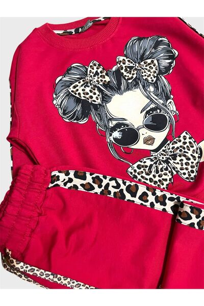 ALİŞ KİDS Girl's Cotton Red Leopard Glasses Girl's Patterned Long Sleeve Loose Wide Leg Tracksuit Set