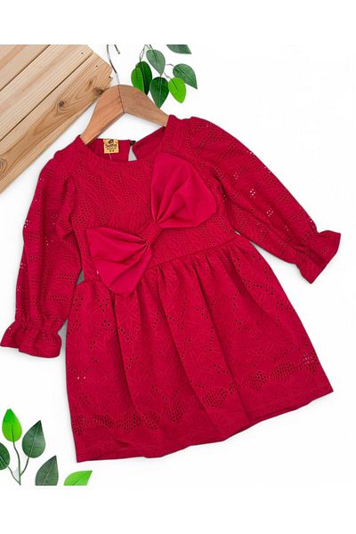 VEGAMOD Girl's Holiday Bow Detailed Lined Openwork Holes 3-4-5-6-7-8 Years Old Dress