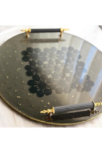 Home Epoxy Resin Lace Tray - Black Square Lace with Gold Stones - Diameter: 30 cm
