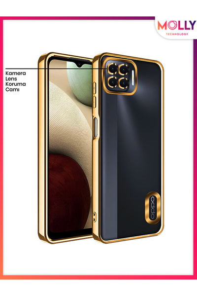 Molly Oppo RENO 4 LİTE İçin Kenarları Gold Lens Koruyuculu Lou Lazer Şeffaf S...