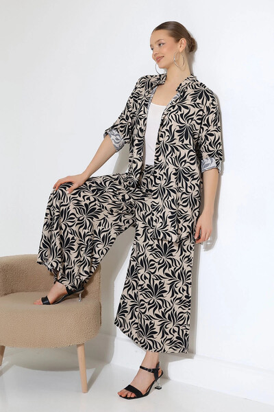 bacc Women's Beige High Neck Shirt and Relaxed Fit Pants Woven Top and Bottom Set Bcvl-25V053