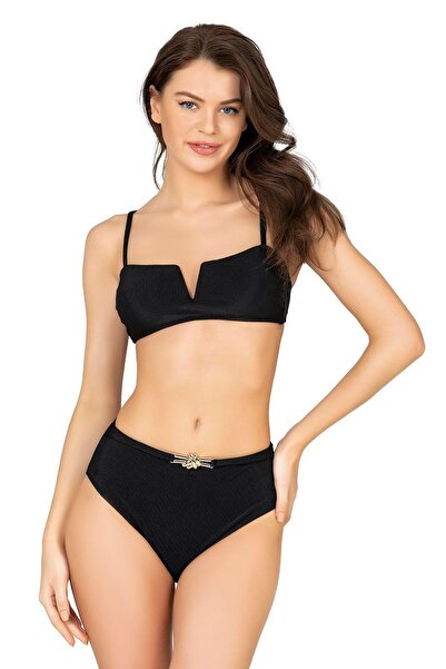 Endeep Women's Accessorized High Waist Textured Black Bikini Set