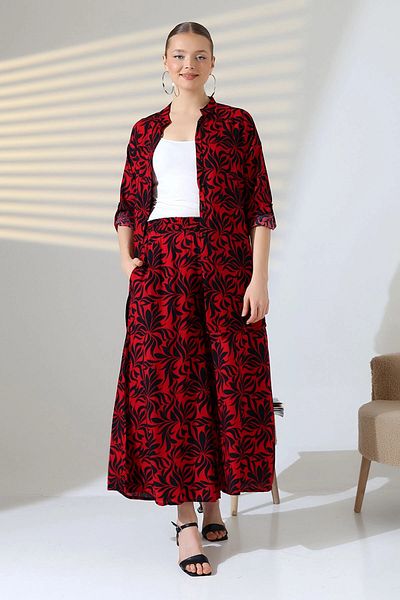 bacc Women's Red Judge Collar Shirt and Relaxed Cut Pants Woven Bottom Top Suit Bcvl-25V053