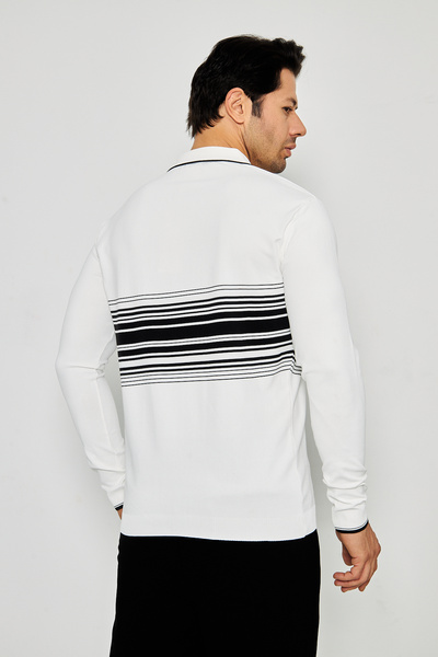 ZİNOX Men's Chest Striped Knitted Sweater Stylish and Comfortable Suitable for Daily Use Button Polo Neck Short Sleeve Sweater