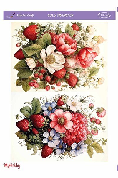 LİNEART LNT406 Çiçek ve Çilek Desenli Açık Zemin Sulu Transfer 25*35 cm