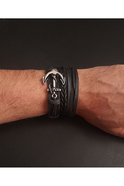 BSN Store 3-Piece Mariner Anchor Premium Black Genuine Leather Bracelet