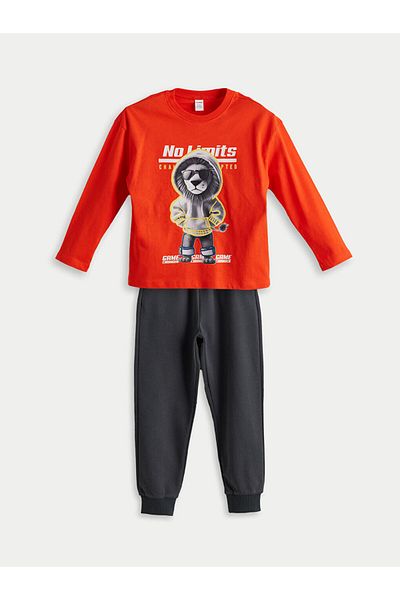 LC Waikiki Lcw Kids Orange Lion Printed Boys' T-Shirt and Pants 2-Pack