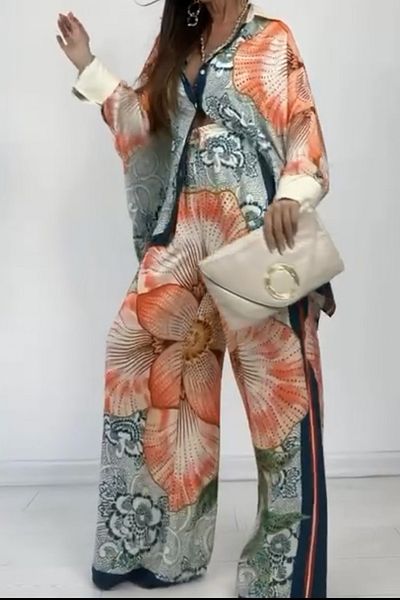AYASOFYA OTANTIK Women's White Mixed Color Design Patterned Loose Shirt Elastic Waist Wide Leg Trousers 2 Piece Set