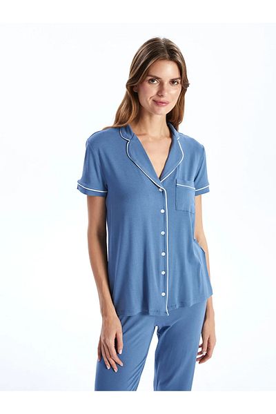 LC Waikiki Set pijamale pentru femei LCW DREAM cu guler de cămașă albastră