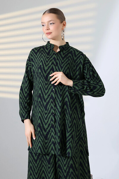 bacc Set de cămașă și pantaloni pentru femei, kaki, cu guler în zig-zag, cu model în zig-zag, țesut, Bcvl-25v053-1