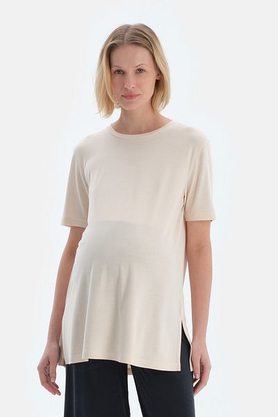 Dagi Ecru Crew Neck Modal Maternity T-Shirt