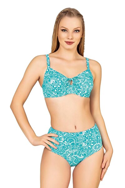Endeep Kadın Balenli Destekli Şal Desen Yüksek Bel Bikini Takımı