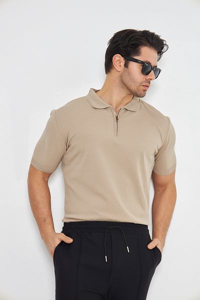 ZİNOX Men's Summer Comfortable and Trendy Polo Collar and Vertical Zipper Classic Short Sleeve Sweater