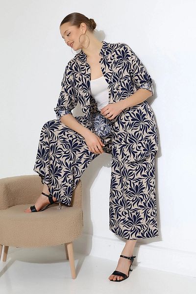 bacc Women's Navy Blue Judge Collar Shirt and Relaxed Cut Pants Woven Bottom Top Suit Bcvl-25V053
