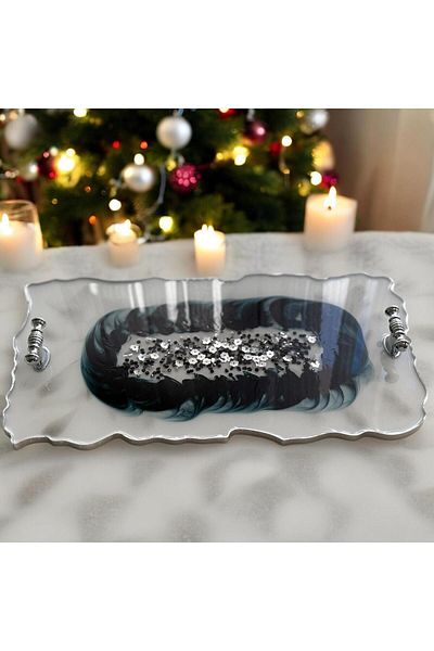 Home 30 cm Width - 16 cm Tall Epoxy Resin Beaded Stone Tray - Rectangular Beaded