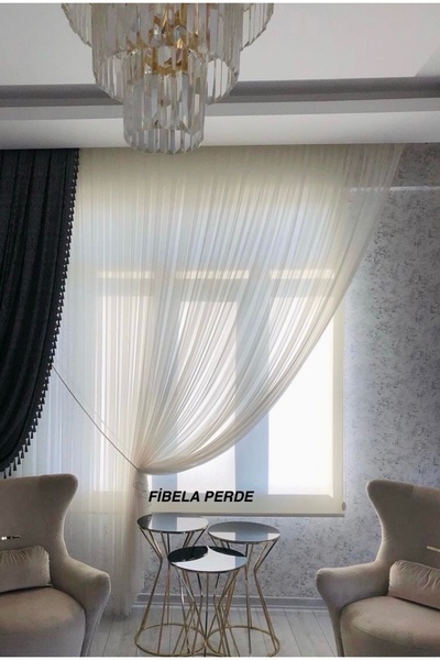 FİBELA PERDE Single Wing White Color 1/3 Dense Pleated Lie Double Tulle Curtain, No Ironing (Rope Accessory Included)