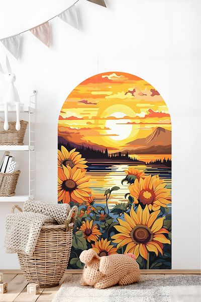 Grafikup Autocolant de perete cu flori ovale Boho - Autocolant decorativ de perete cu model de flori și peisaj