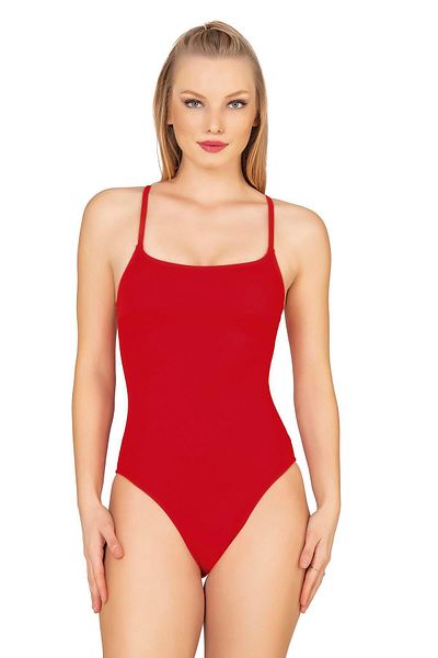 Endeep Women's Basic Red Swimsuit with Thin Straps and Cross Back Detail