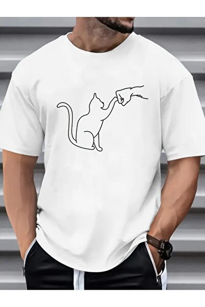 Massgai Unisex mačka Prijateljska šaka Štampano Oversize kroj 100% pamuk T-shirt