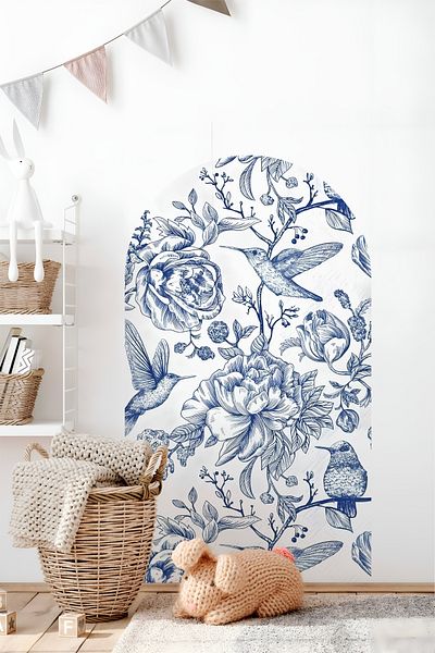 Grafikup Autocolant de perete cu flori ovale Boho - Autocolant decorativ de perete cu model de flori și peisaj