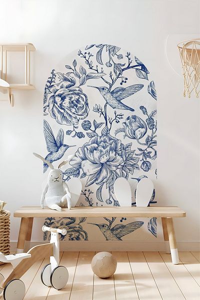 Grafikup Autocolant de perete cu flori ovale Boho - Autocolant decorativ de perete cu model de flori și peisaj