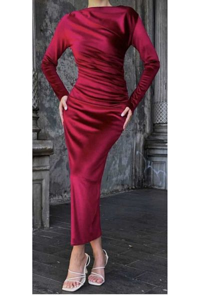Butik Rochie elegantă de noapte pentru femei Merrline, din catifea burgundă, lucioasă, lacuită, drapată cu fermoar
