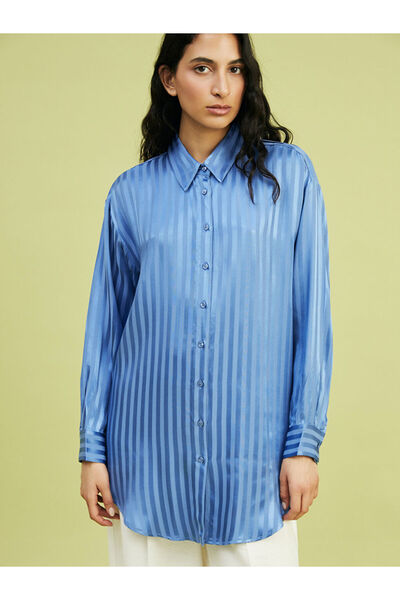 LC Waikiki LCW Modest Çizgili Oversize Saten Kadın Gömlek Tunik