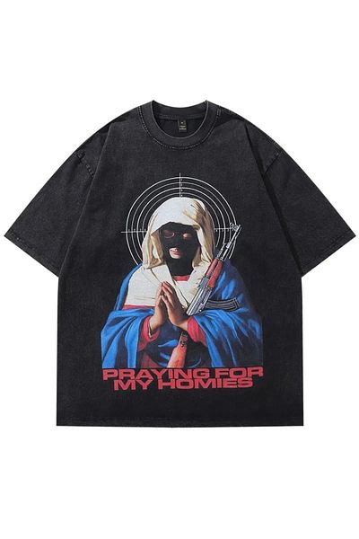 Gofeel Μαύρο μπλουζάκι Pray For Vintage με στάμπα Oversize
