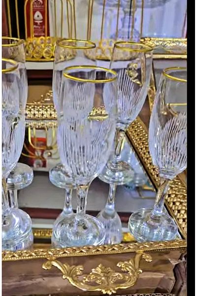 Paşabahçe 6-Person Gold Gilded Lava Feet, Water Glass and Goblet Presentation