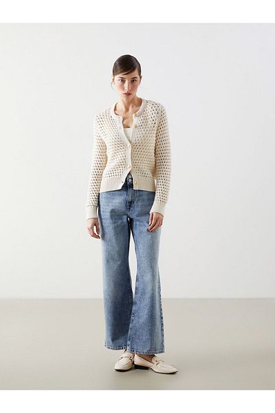 LC Waikiki Lcw Vision Ecru Crew Neck Openwork Women's Knitwear Cardigan