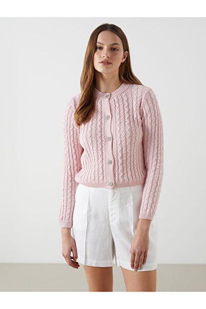 LC Waikiki Pink Crew Neck Self-Patterned Crop Women's Knitwear Cardigan