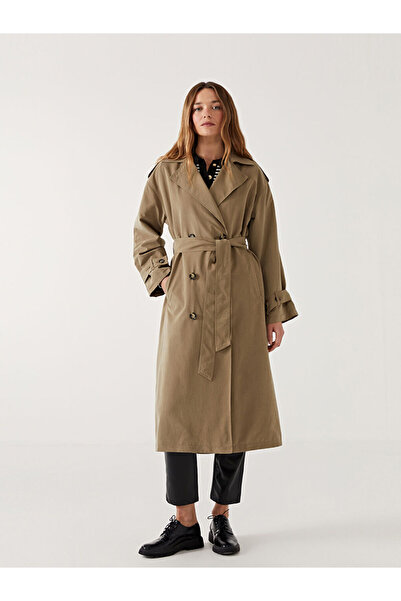 LC Waikiki Khaki Jacket Collar Women's Trench Coat